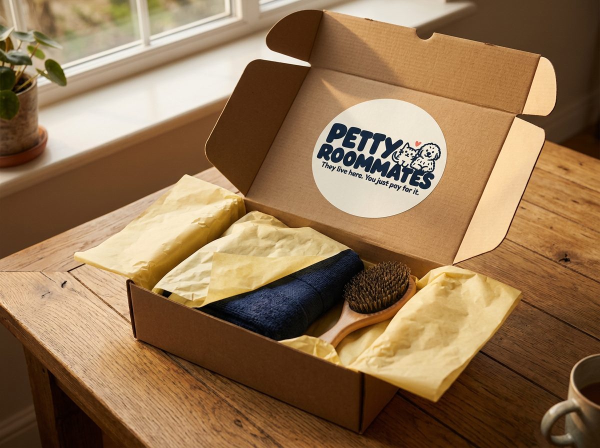 Concept render of an open kraft box with the Petty Roommates sticker inside the lid.
